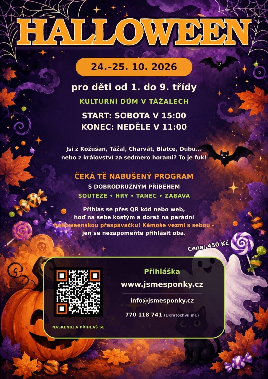 Plakát na halloweenskou přespávačku pro děti 24.–25. října 2026 v Kulturním domě v Tážalech.